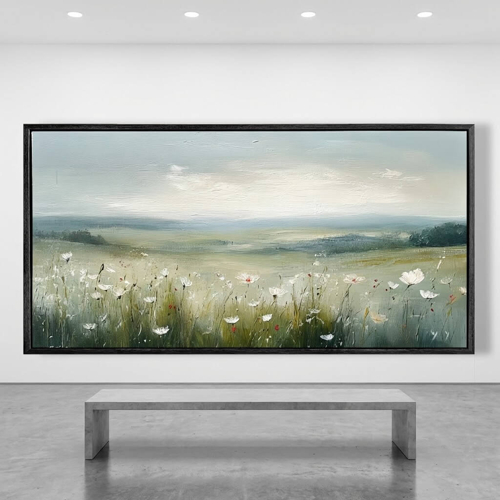 Framed artwork of a landscape with flowers and sky in a room with a bench.