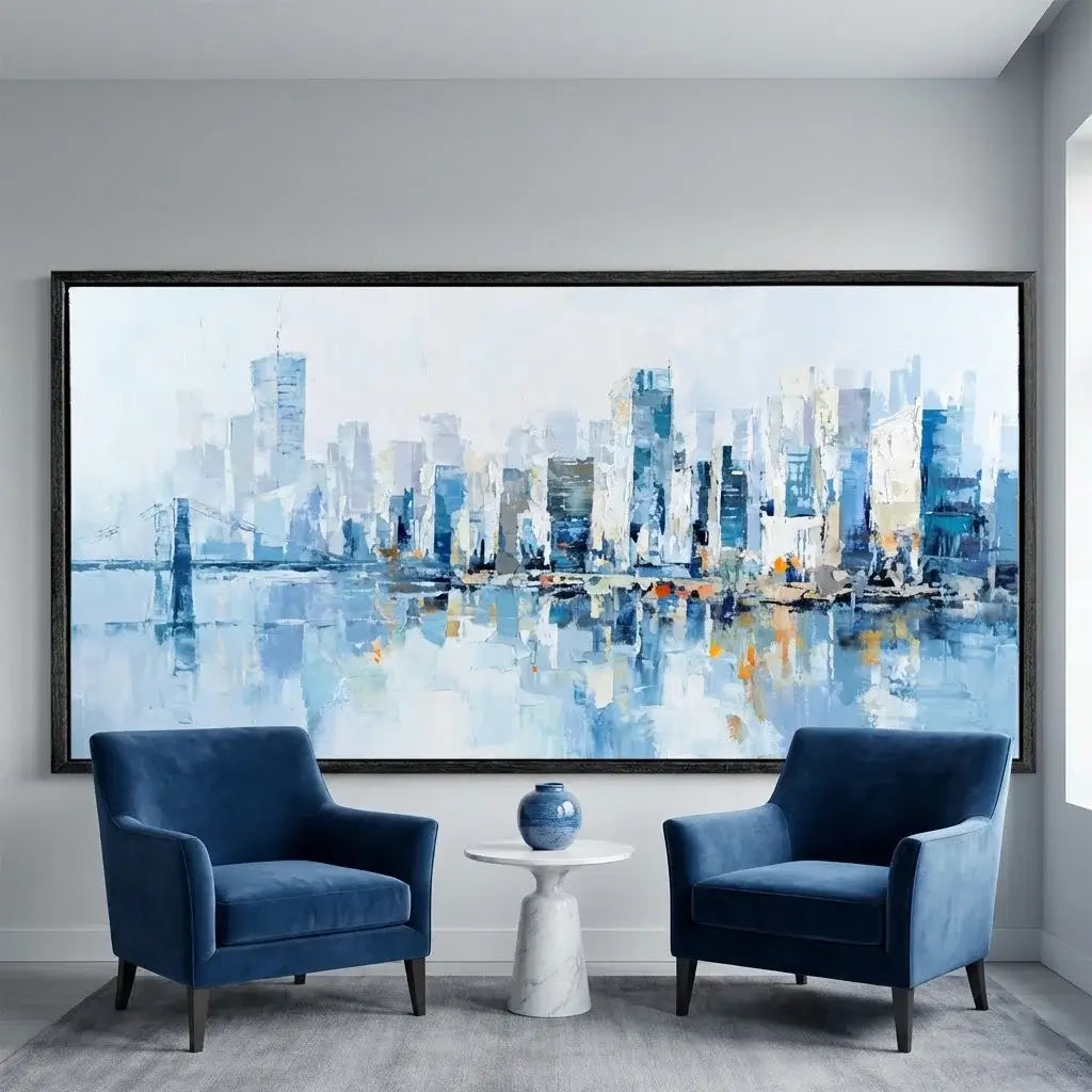 Two blue armchairs in a room with a large abstract cityscape painting on the wall.