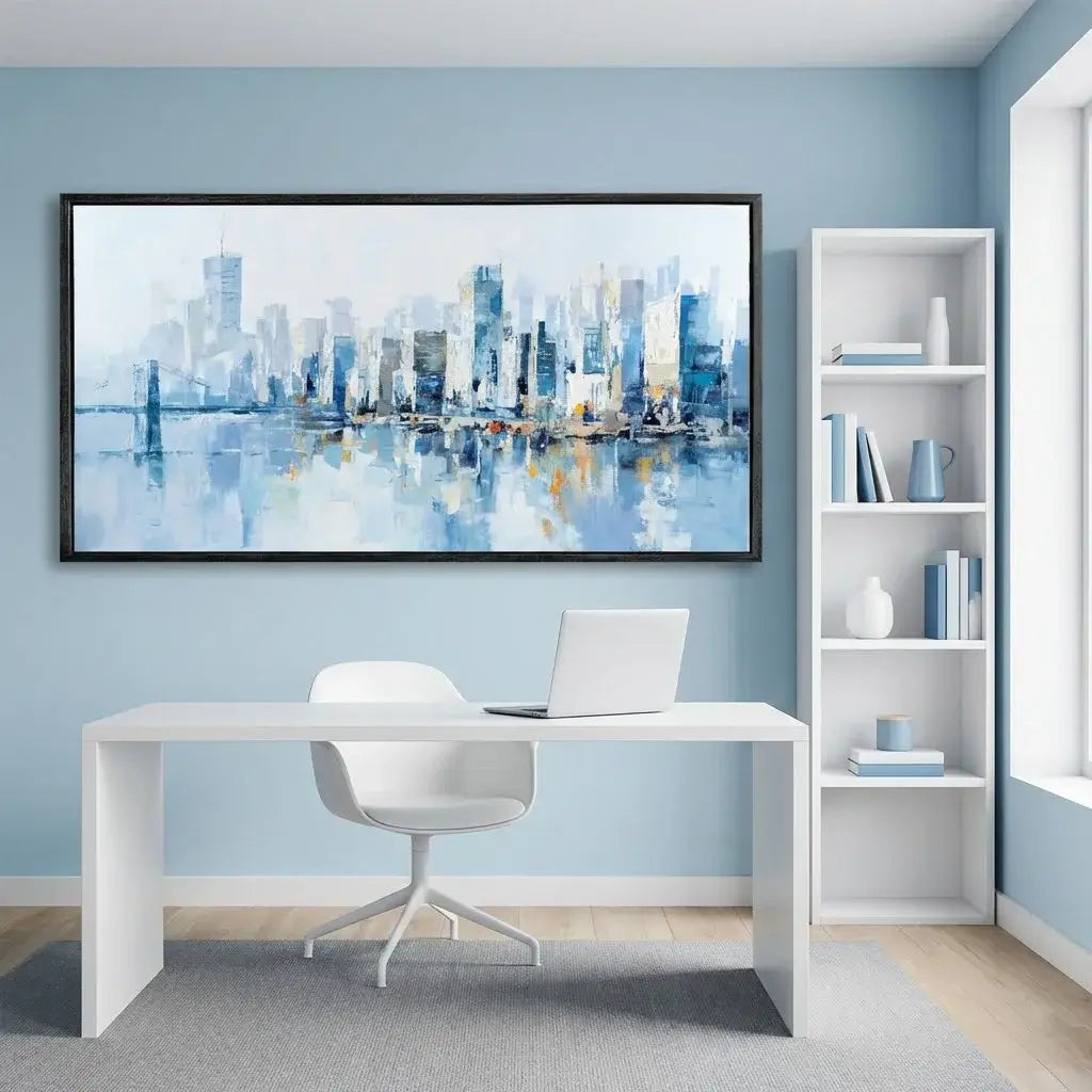 Modern office space with a desk, chair, and wall art of a cityscape.