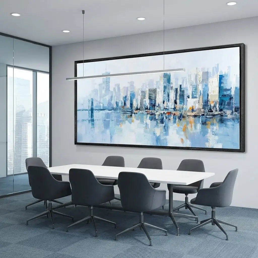 Modern conference room with a large cityscape painting on the wall.