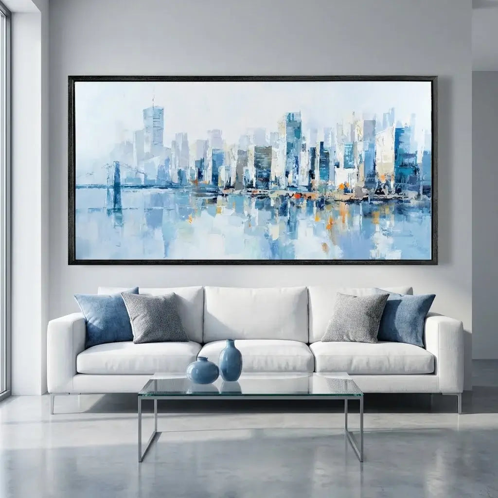 Living room with a large abstract cityscape painting on the wall above a white sofa.