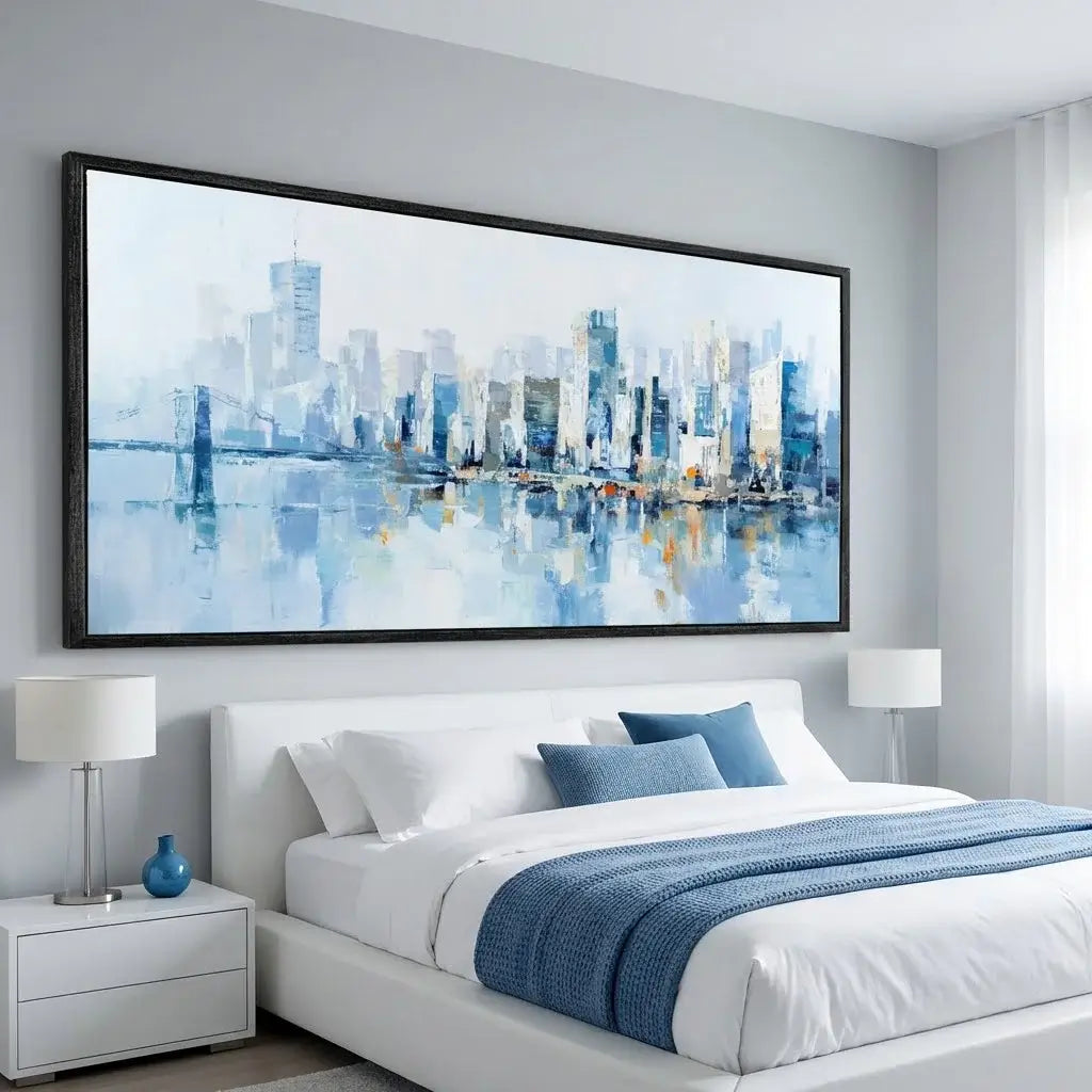 Modern bedroom with a large cityscape painting on the wall above a bed.