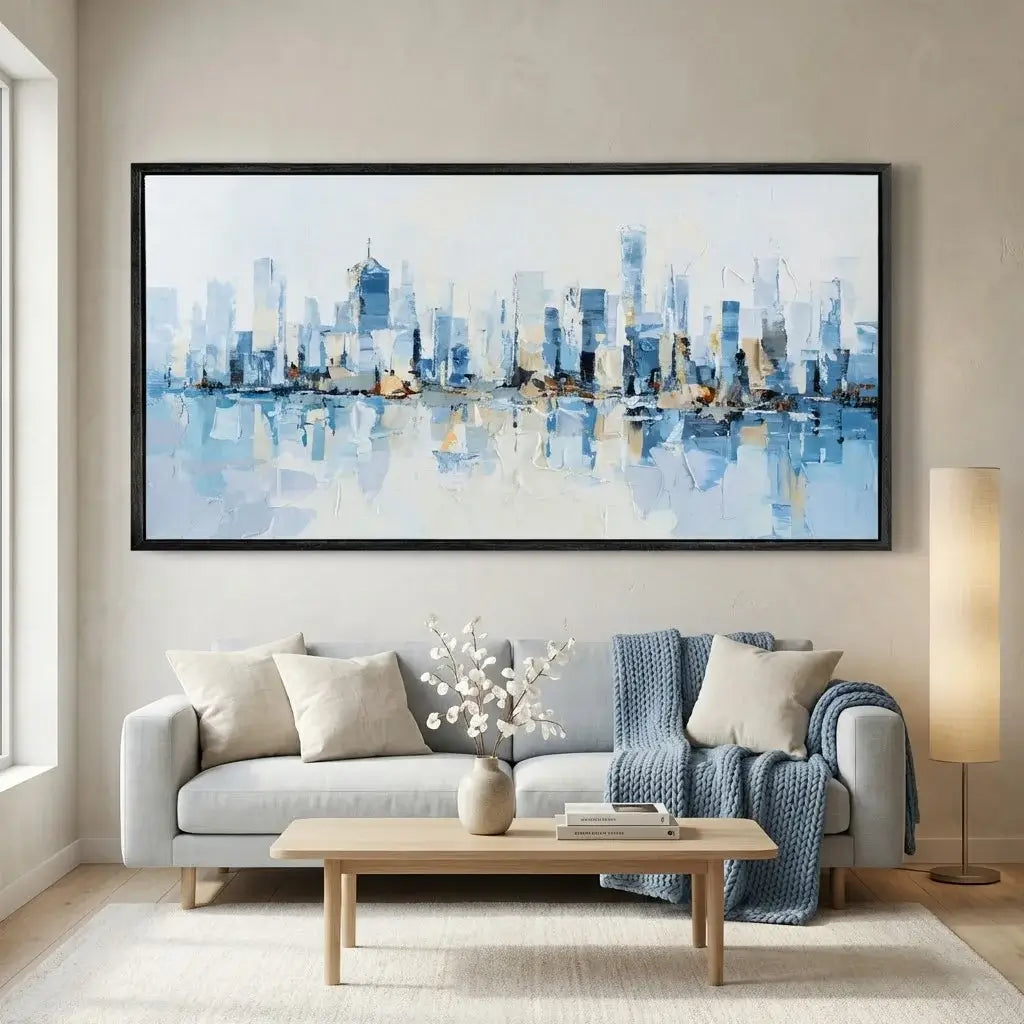 Living room with a large framed cityscape painting on the wall.