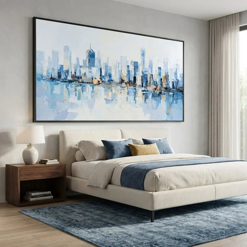 Modern bedroom with a large cityscape painting on the wall