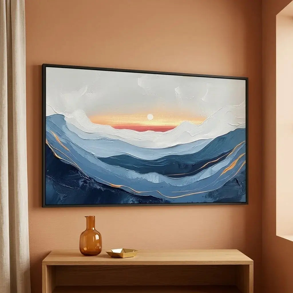 Living room with a blue sofa, decorative pillows, and a large abstract painting on the wall.