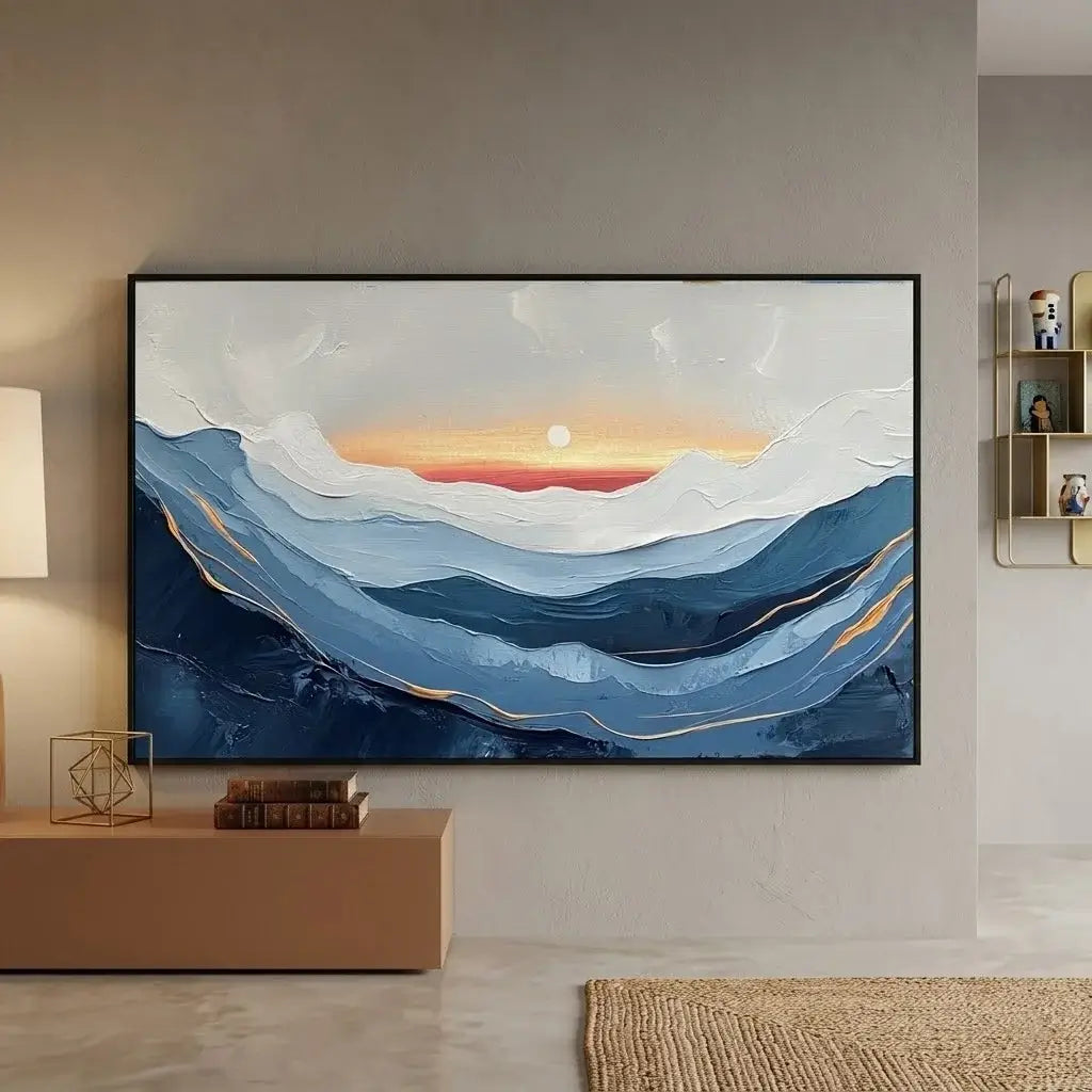 Modern office setup with wooden desk, blue chair, and abstract wall art.