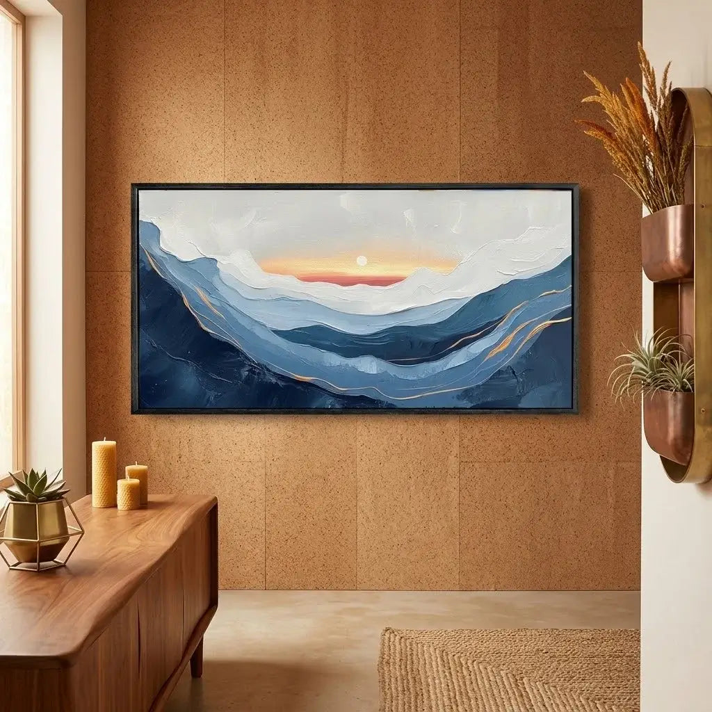 Modern living room with a blue sectional sofa, round glass coffee table, and abstract painting on the wall.