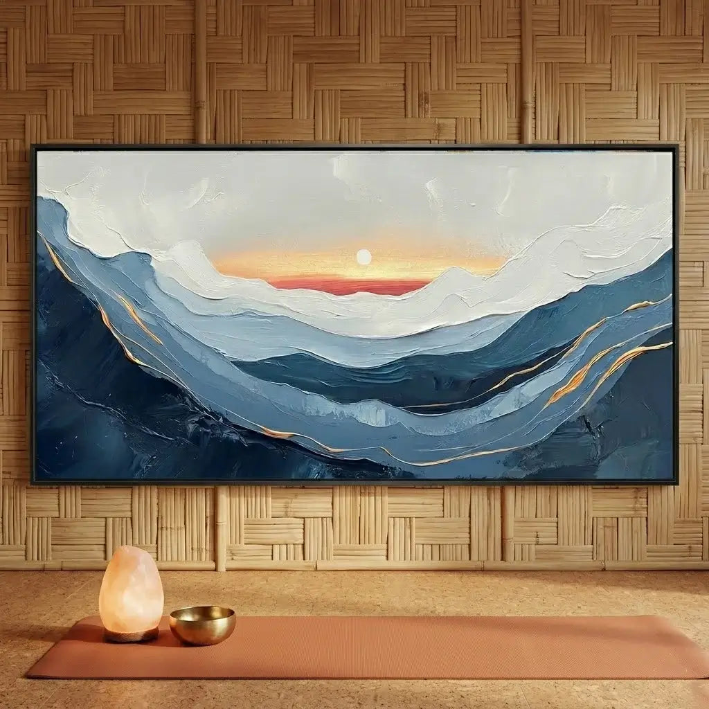 Modern interior with a reception desk, abstract painting, and chairs.