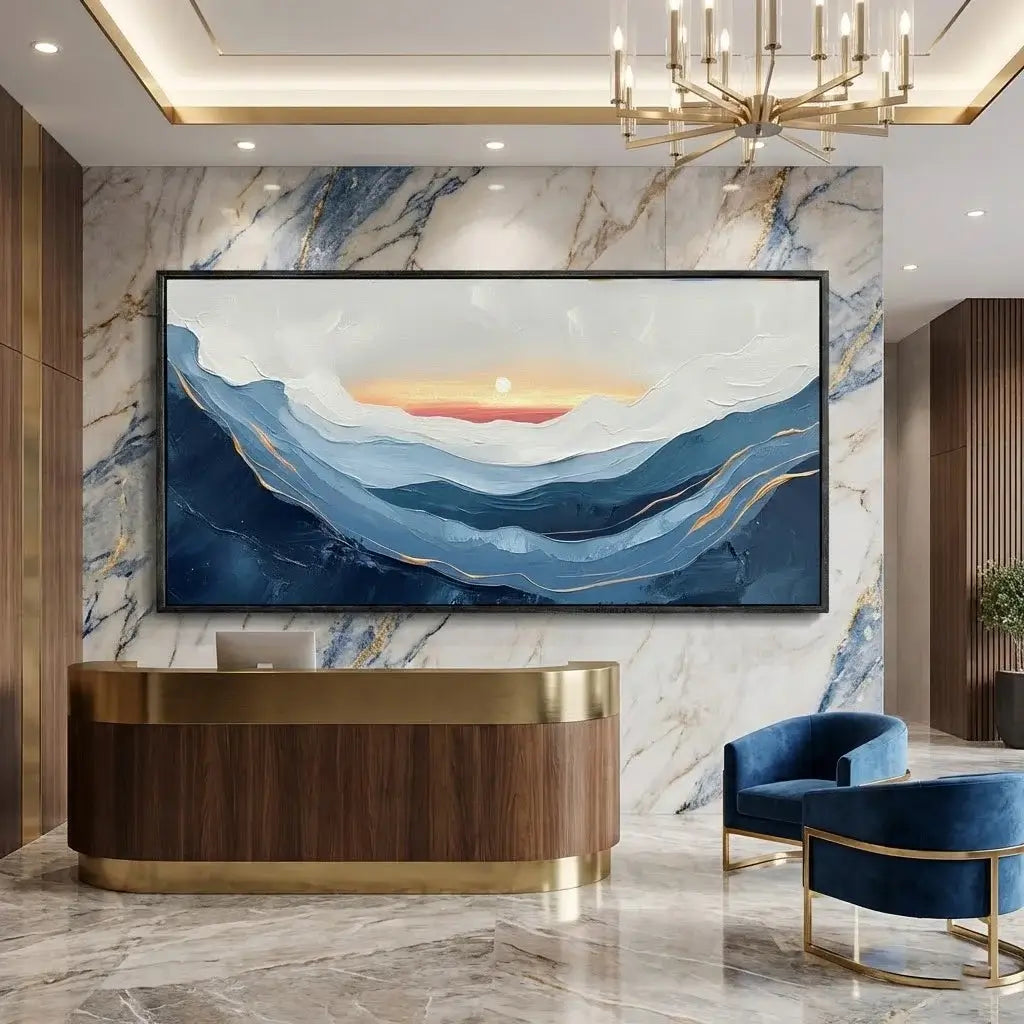 Modern interior with a reception desk, abstract painting, and chairs.