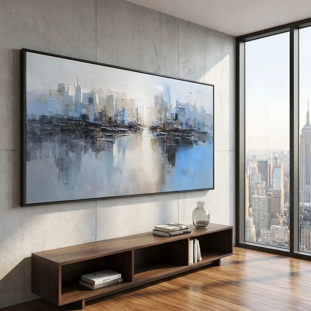 Modern living room with a large TV displaying a cityscape, wooden entertainment console, and large windows.