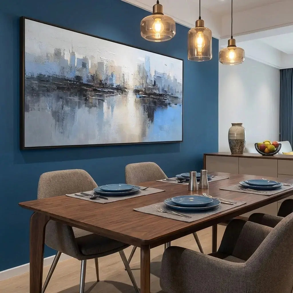 Dining room with a large abstract painting on the wall, wooden table, and chairs.
