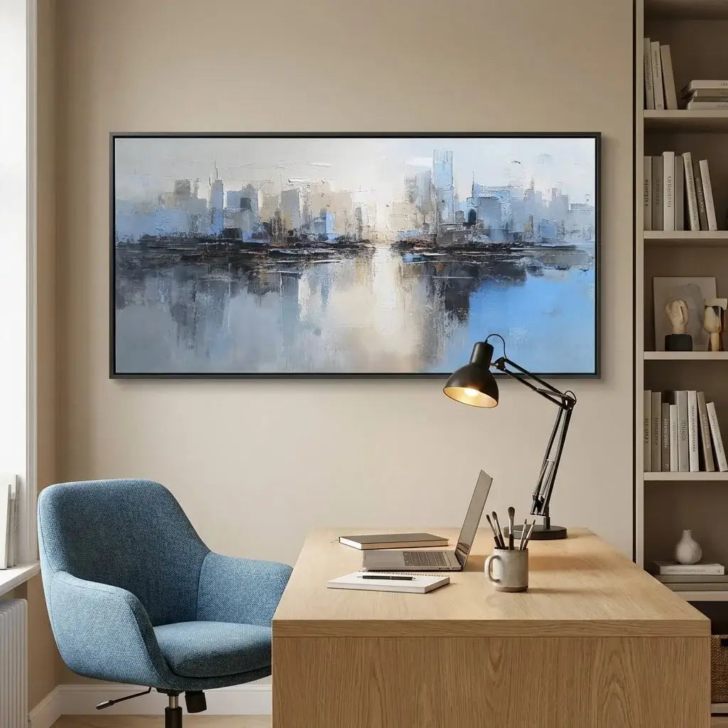 Modern office setup with a cityscape painting on the wall, desk, chair, and lamp.