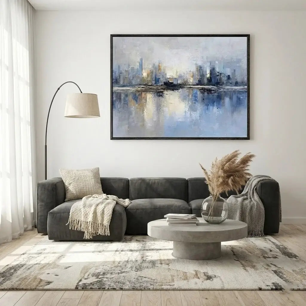 Modern living room with a sectional sofa, coffee table, and abstract cityscape painting.