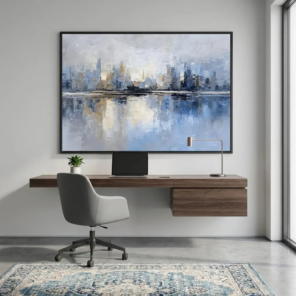 Modern home office with a large wall-mounted TV displaying a cityscape, wooden desk, and chair.