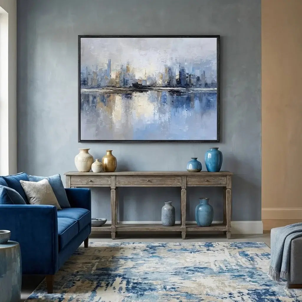 Living room with blue sofa, wooden console table with vases, and abstract painting on gray wall.