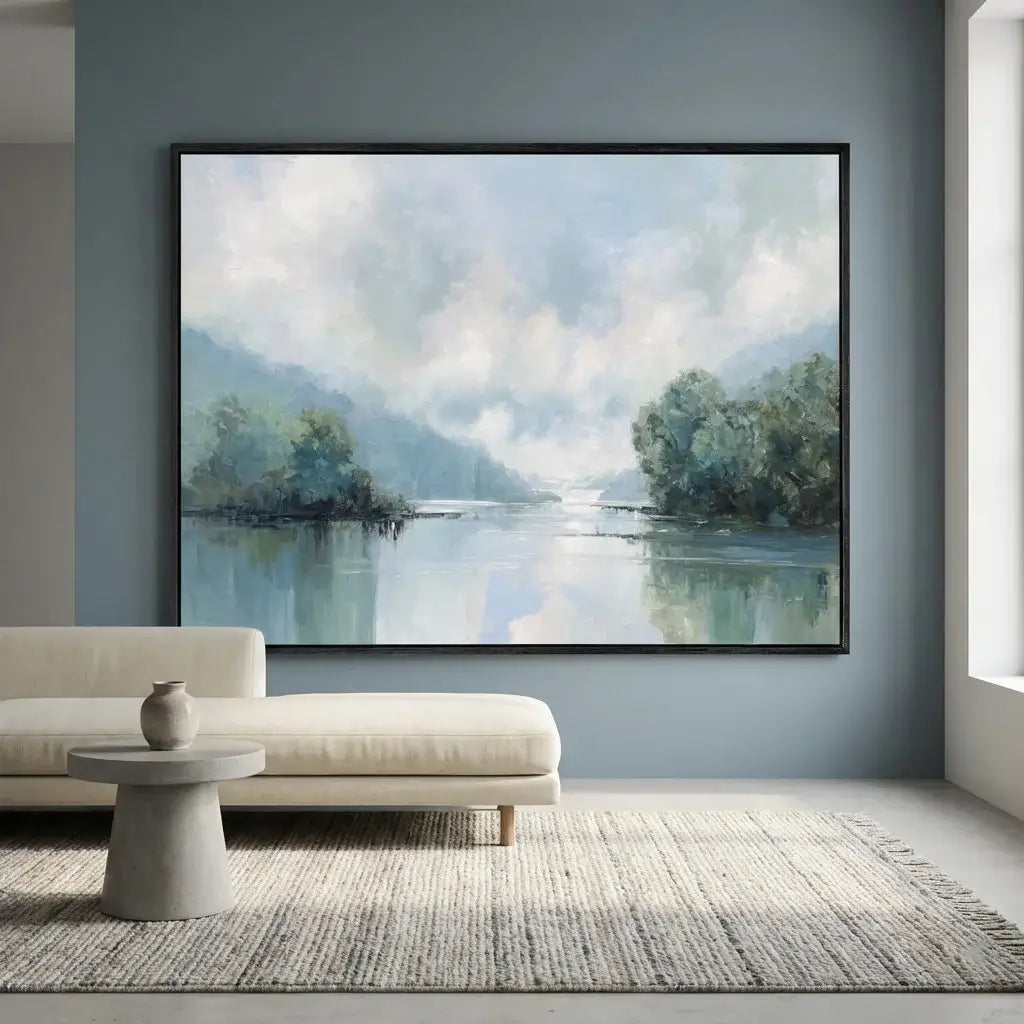 Framed landscape painting of a lake and mountains in a modern living room.