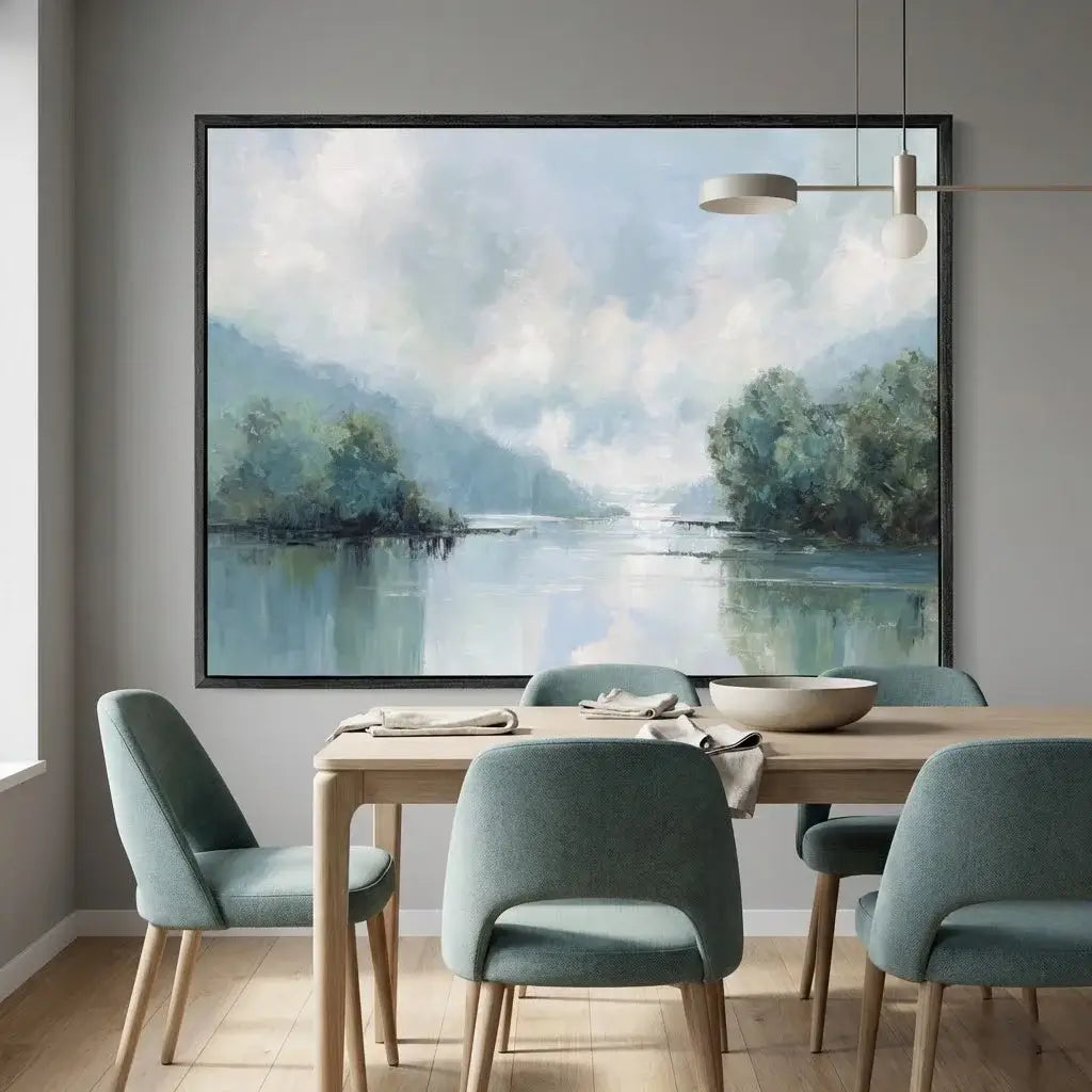 Dining room with a table and chairs, and a large framed landscape painting on the wall.