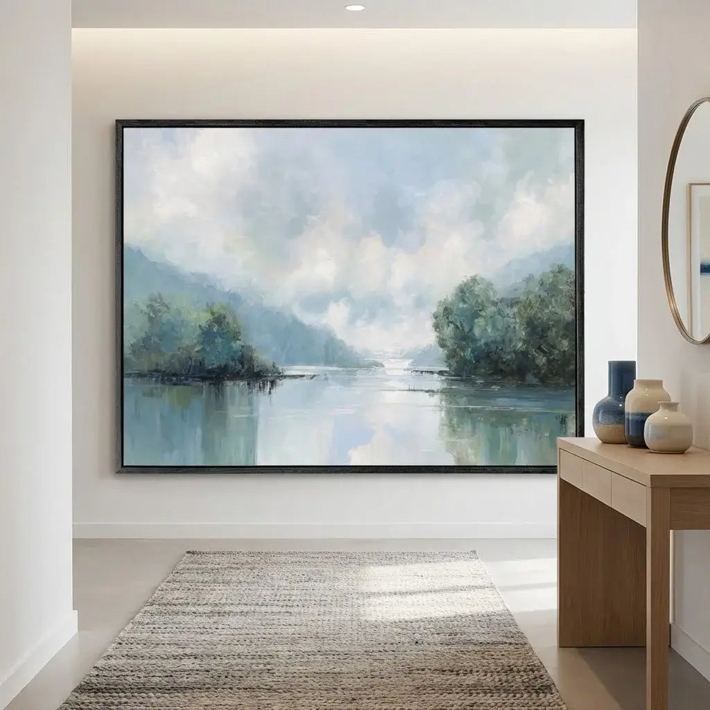 Framed landscape painting of a lake with mountains in a modern interior setting.