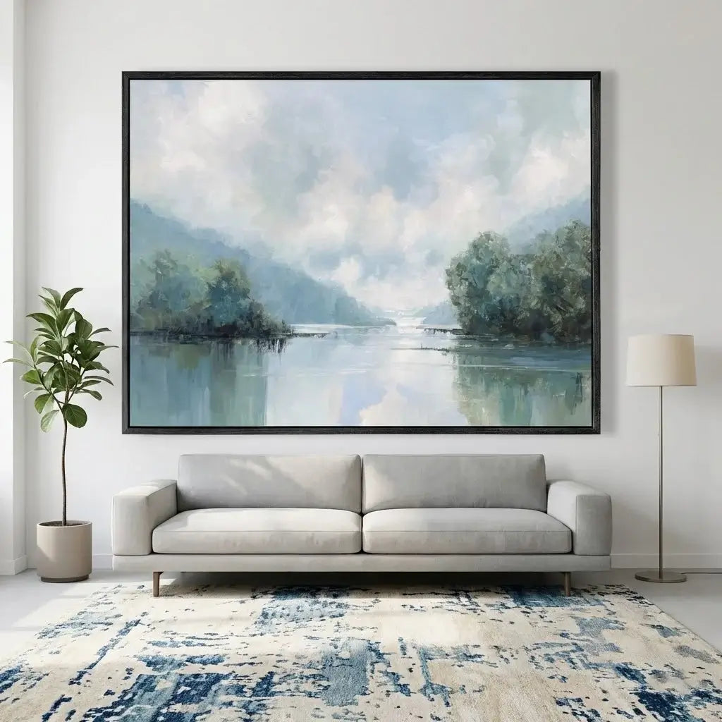 Living room with a large landscape painting above a gray sofa.