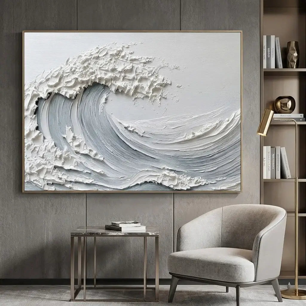 Abstract wave painting on a wall in a modern living room.