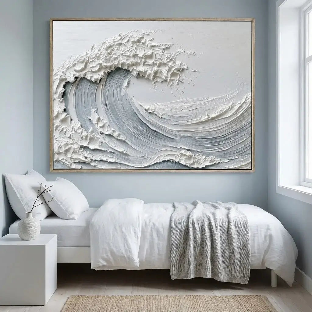 Bedroom with a large abstract wave painting on the wall