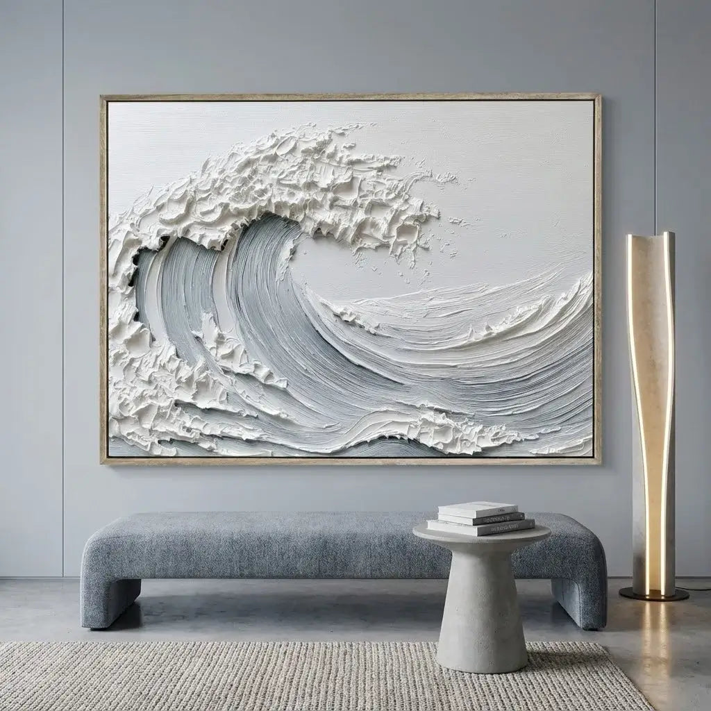 Abstract wave painting in a modern interior setting with a bench and lamp.