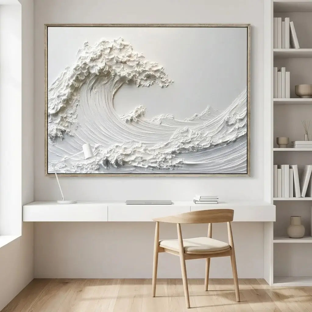 Modern interior with a large abstract wave painting on the wall, a desk, and chair.