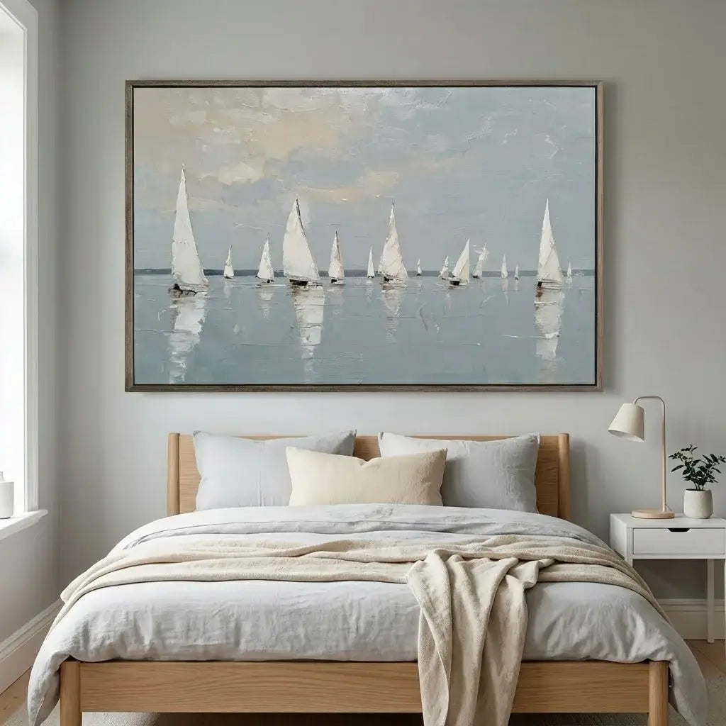 Bedroom with a large framed painting of sailboats on the wall above a bed.