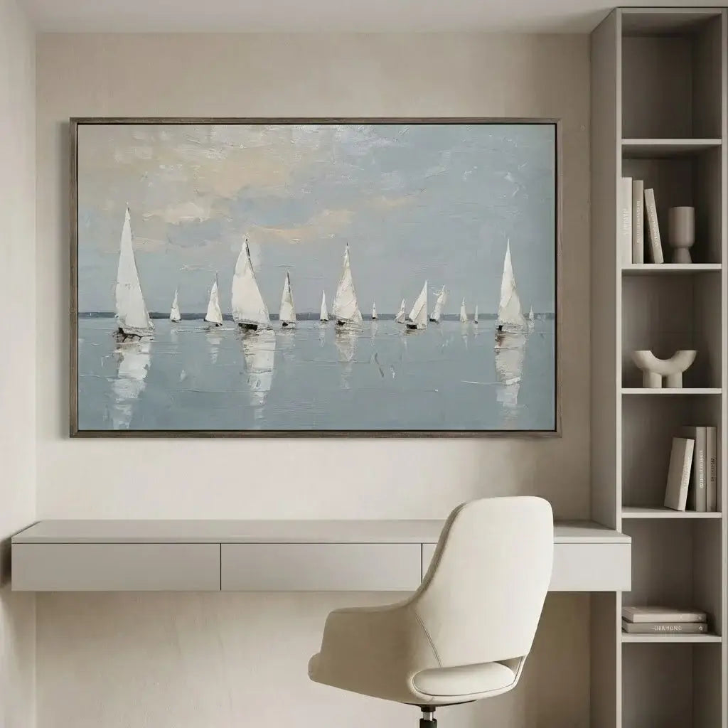 Modern home office with a desk, chair, and large framed painting of sailboats.