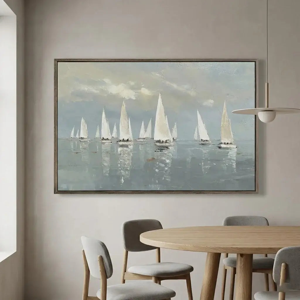 Framed artwork of sailboats on a wall above a dining table with chairs.