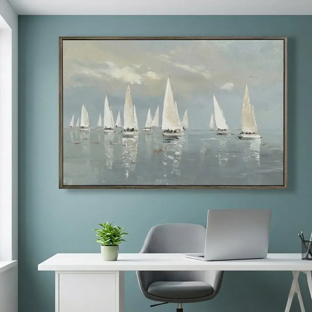 Framed painting of sailboats on a wall above a desk with a laptop.