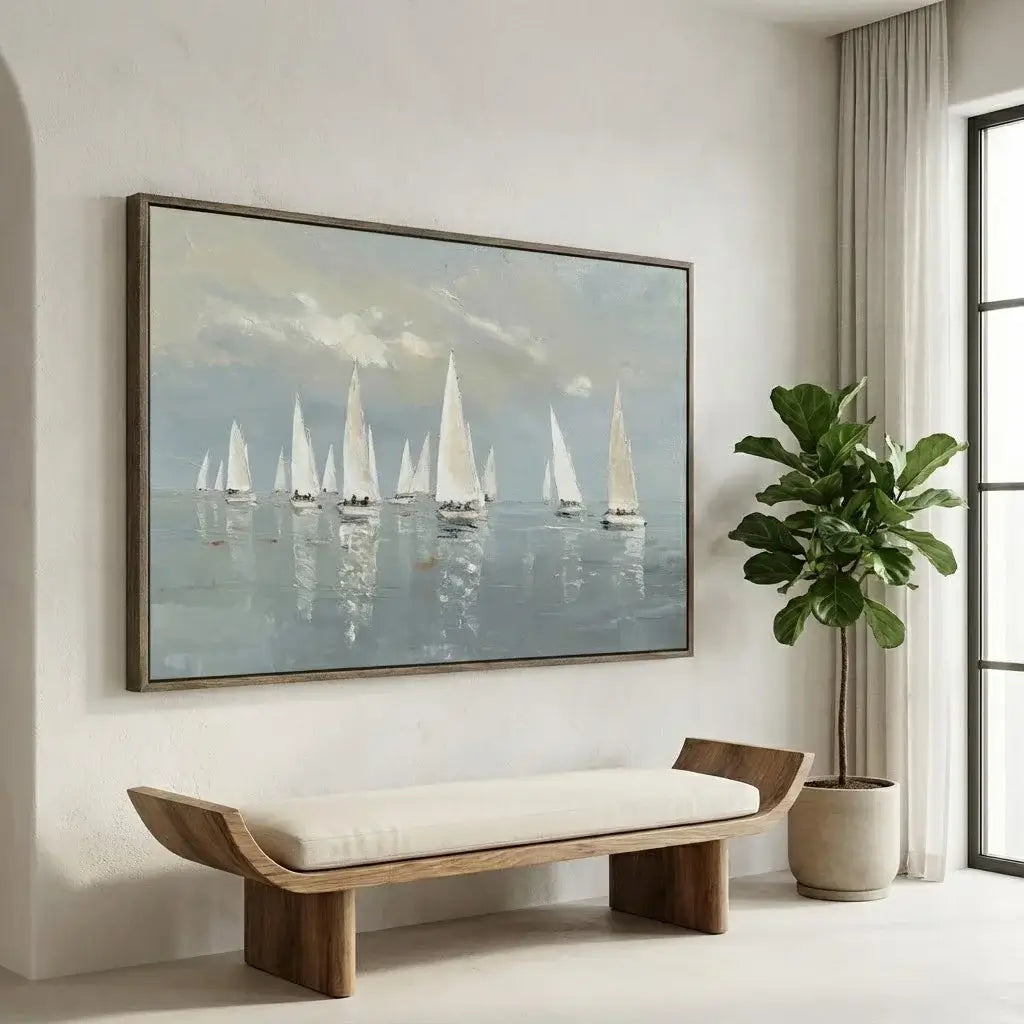Modern living room with a large framed painting of sailboats, a wooden bench, and a potted plant.