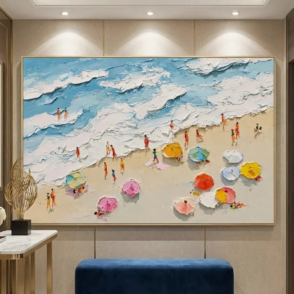 Colorful beach scene painting on a wall with people and umbrellas.