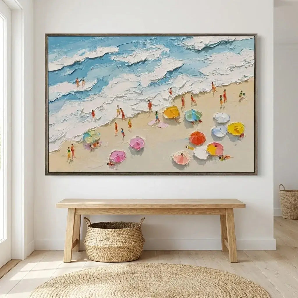 Colorful beach scene painting on a wall above a wooden bench with baskets.