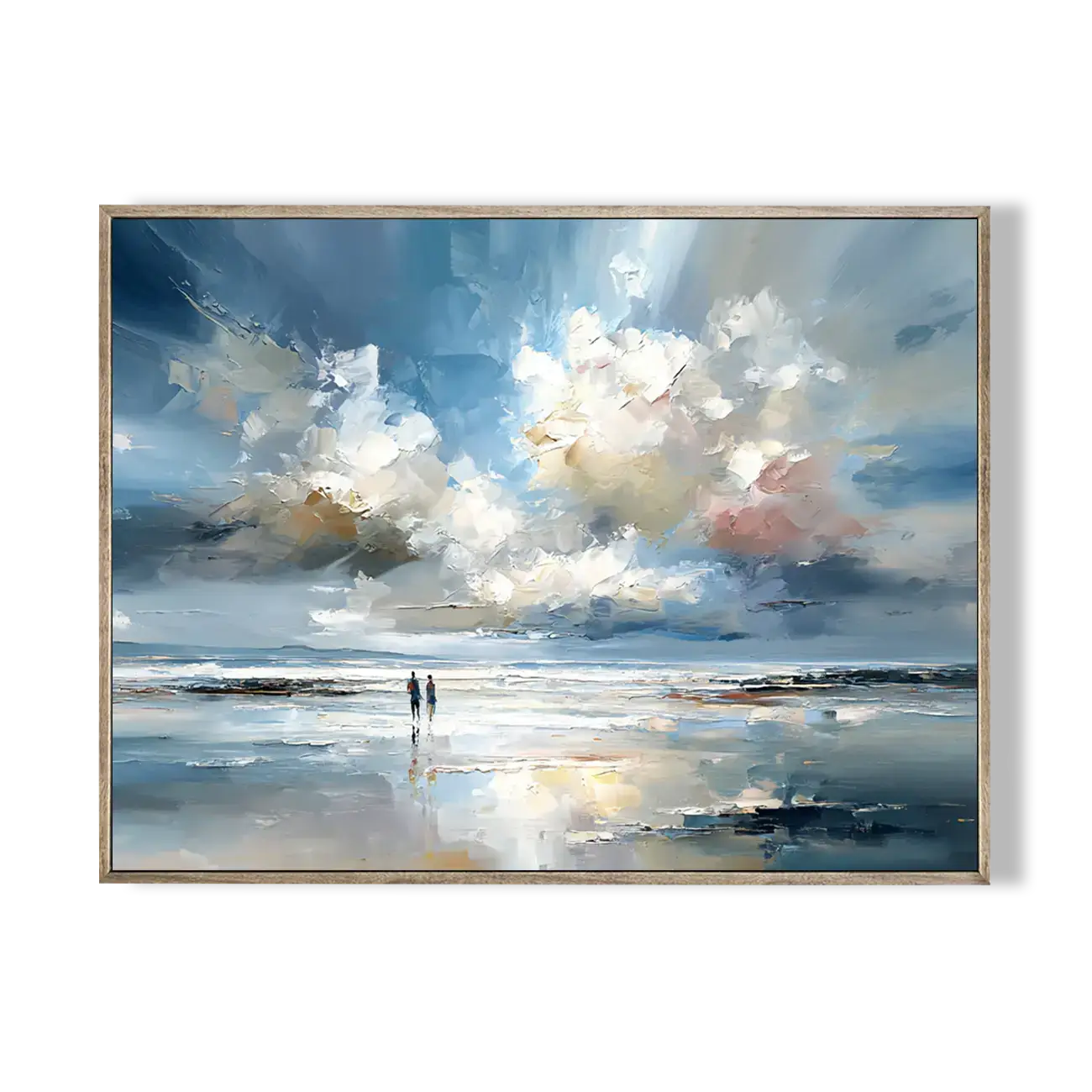 Framed artwork of a beach scene with people walking on the sand and a large sky with clouds.