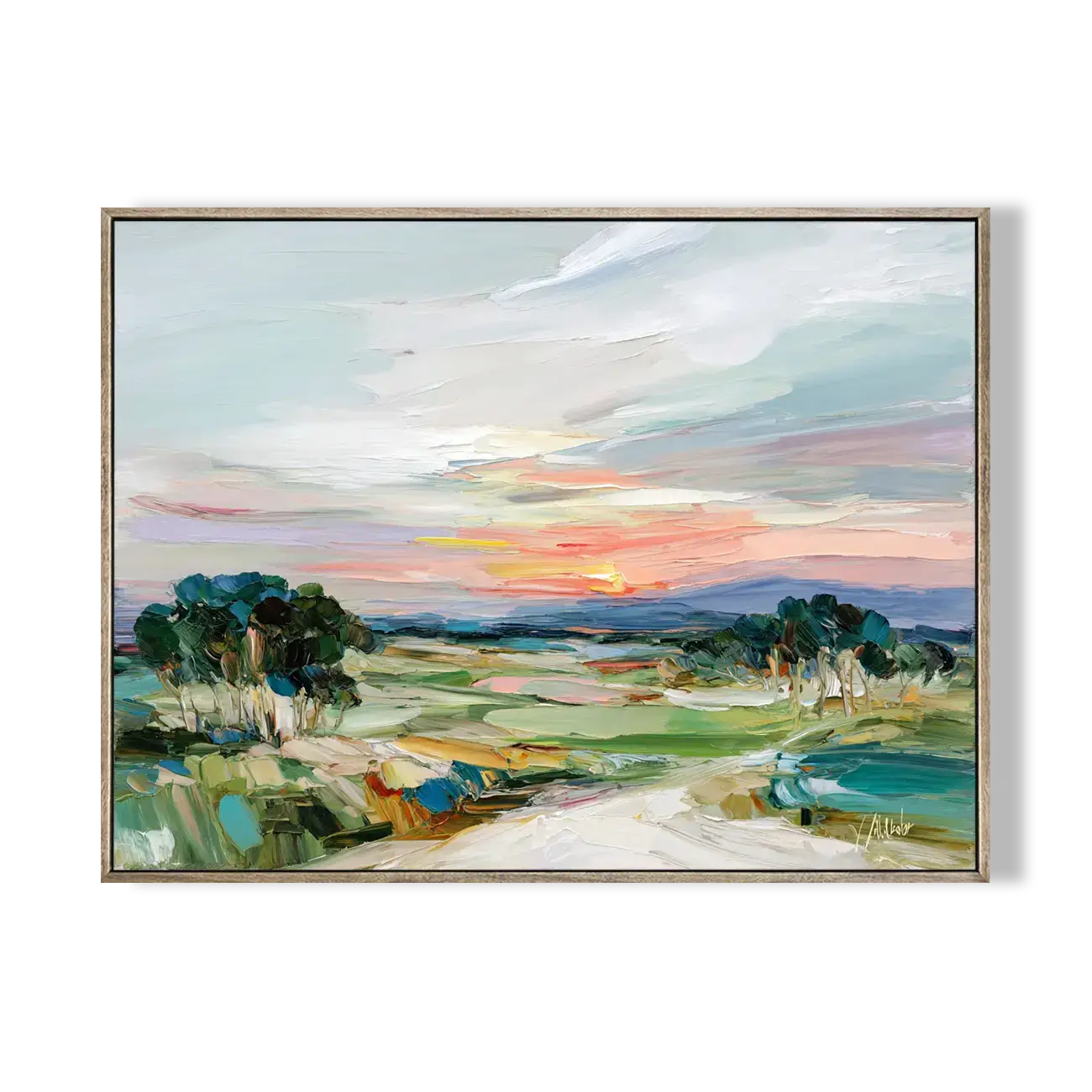 Framed painting of a landscape with a sunset over a field.