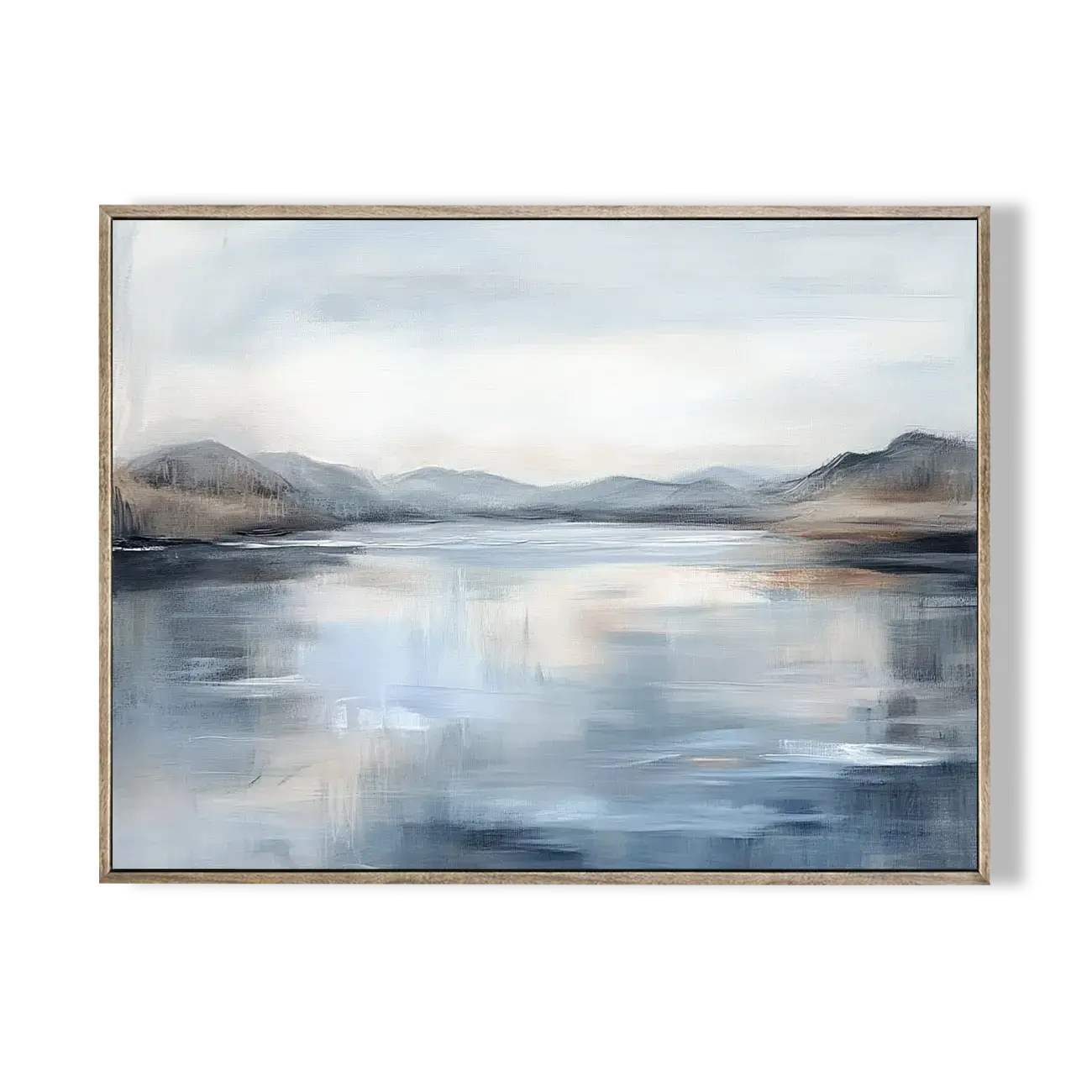 Framed artwork of a landscape with mountains and water on a white background