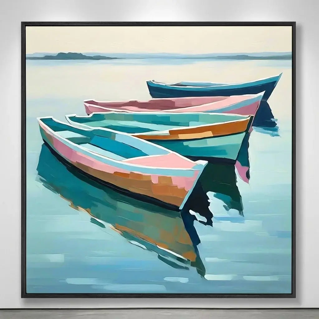 Framed artwork of colorful boats on water
