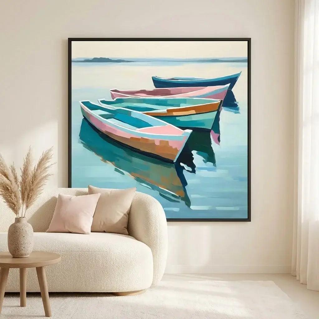 Framed artwork of colorful boats on a wall above a sofa.
