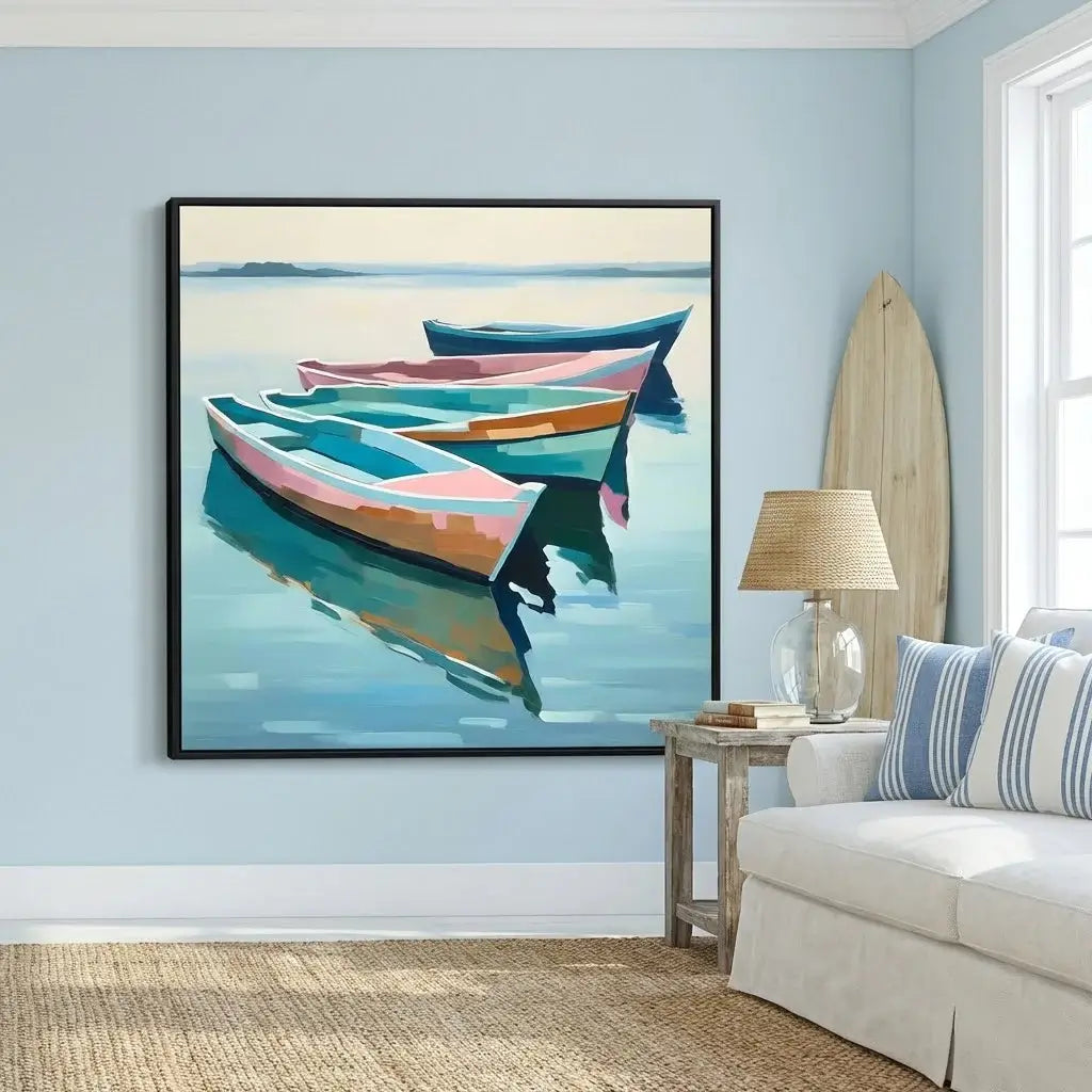 Framed artwork of colorful boats on a wall in a living room.
