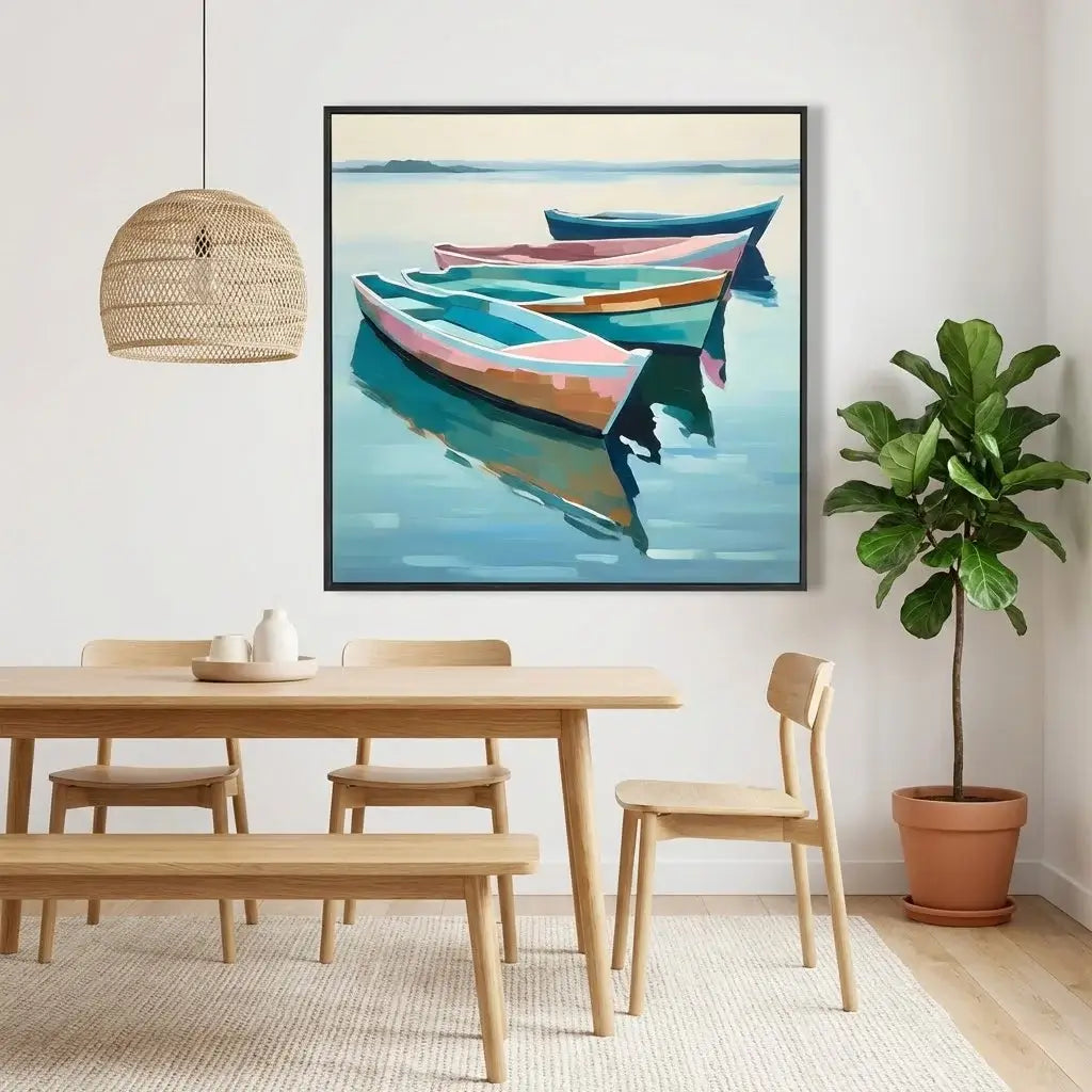 Dining room with a framed artwork of colorful boats on the wall, wooden furniture, and a plant.