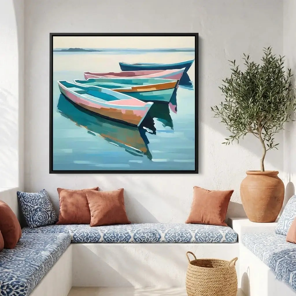Framed artwork of colorful boats on a wall above a sofa with decorative pillows.