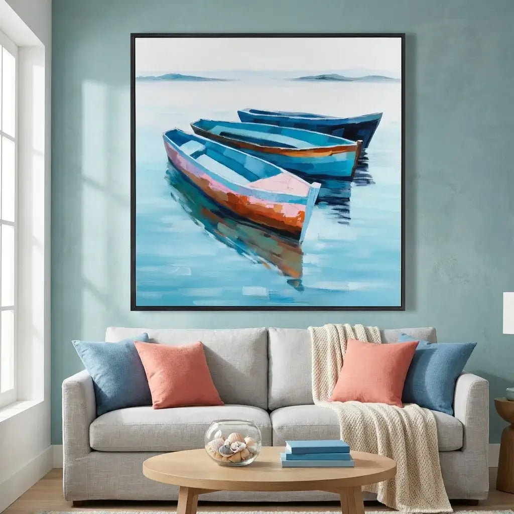 Framed artwork of boats on a wall above a sofa in a living room.