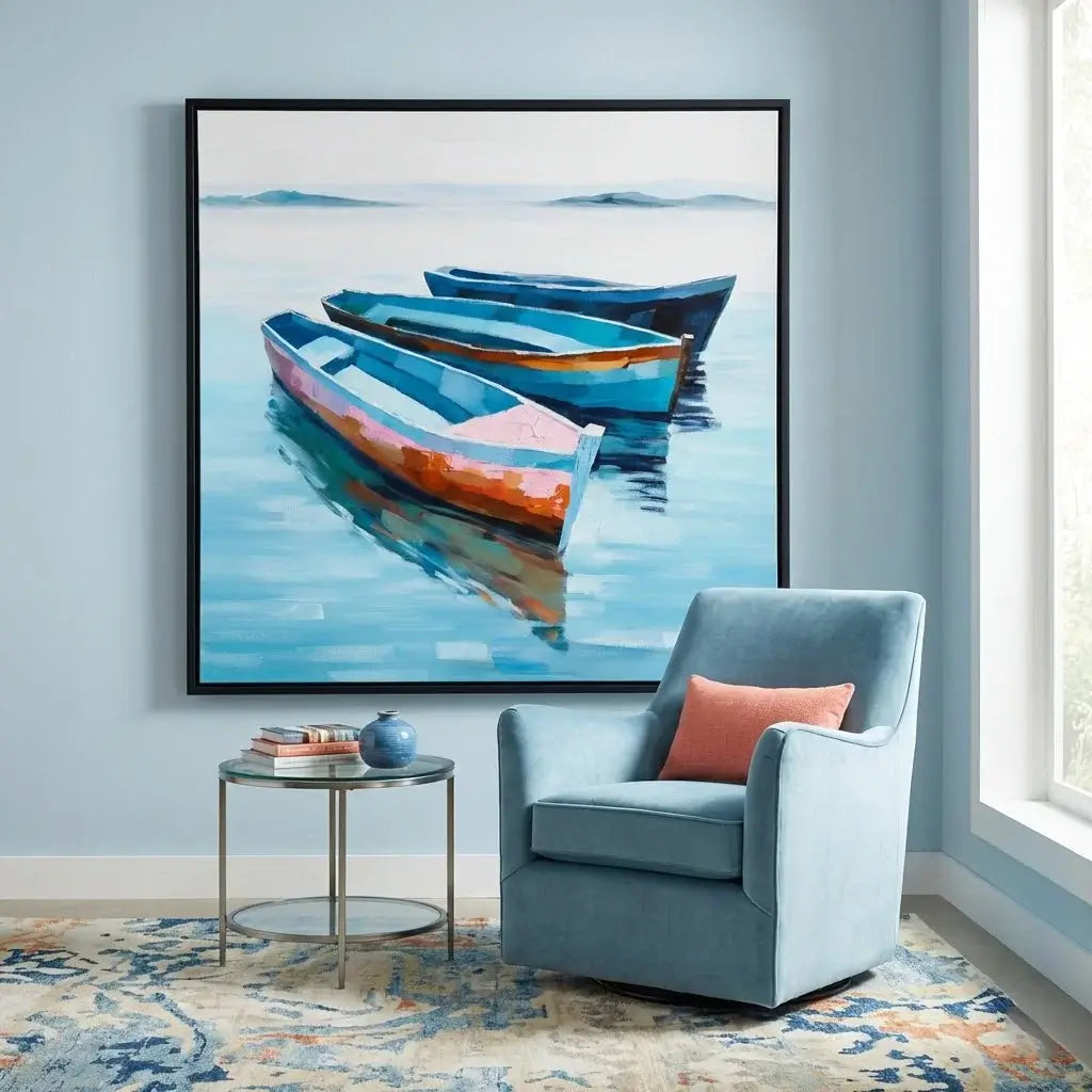 Framed artwork of boats on water in a room with a blue armchair and small table.