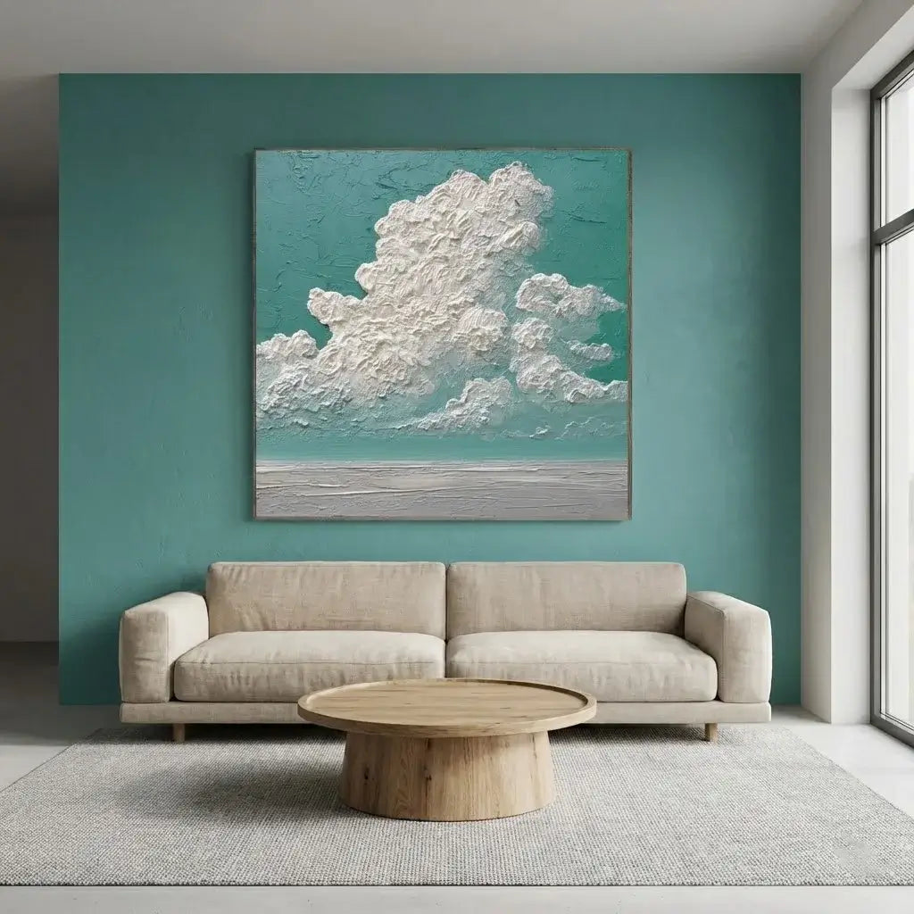 Modern living room with a beige sofa, wooden coffee table, and a large abstract painting on a teal wall.