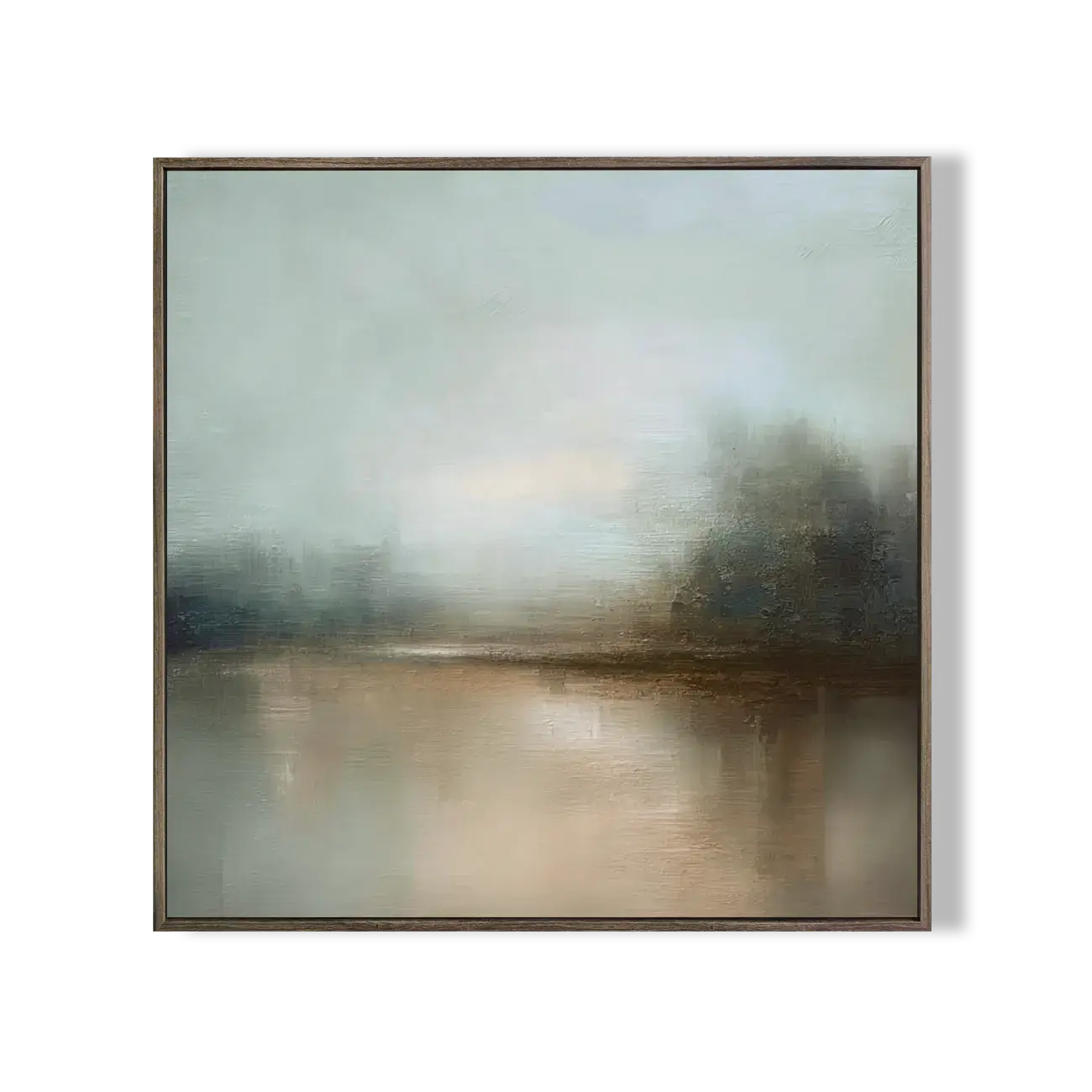 Framed abstract artwork of a landscape with a body of water and trees on a white background