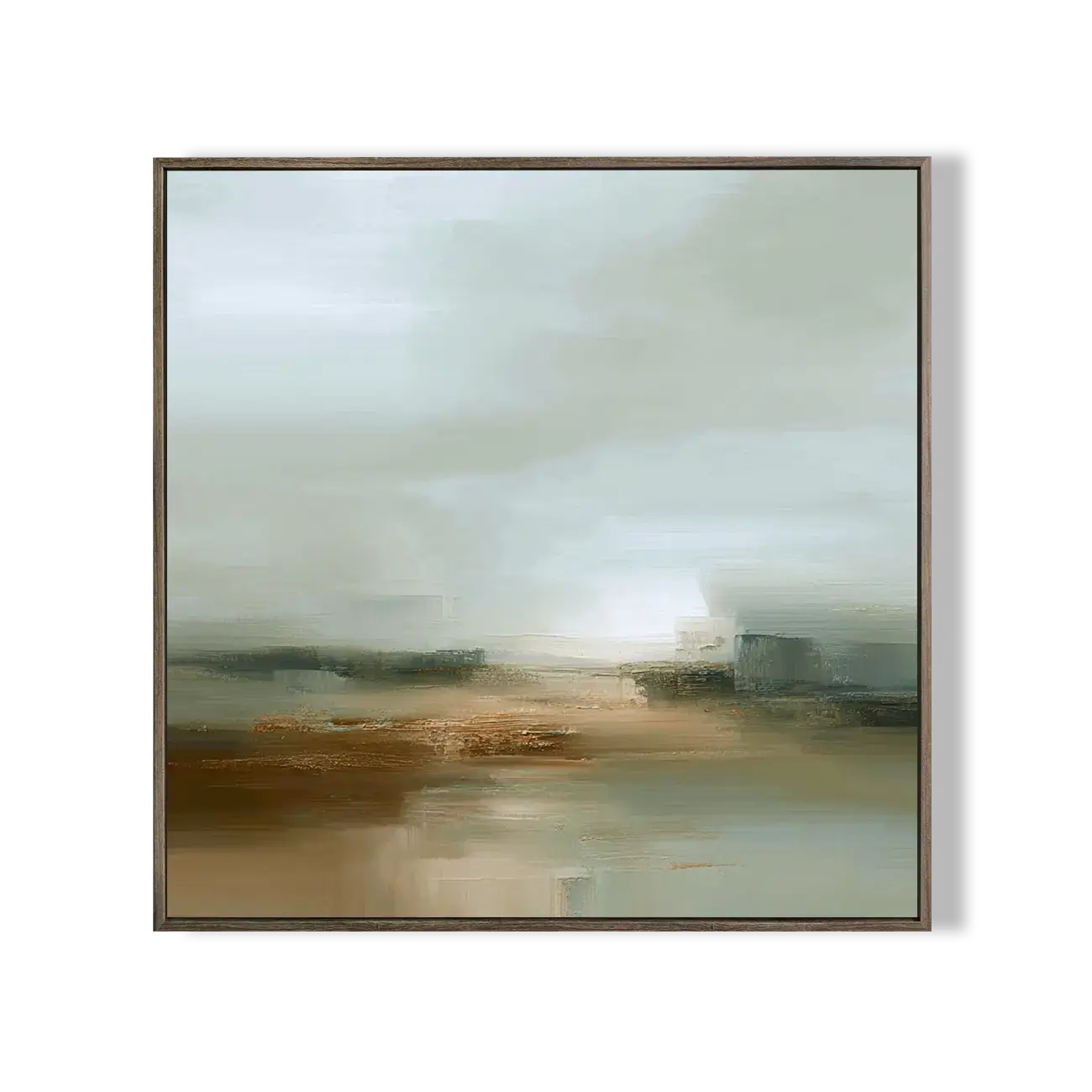 Framed abstract artwork with a soft, multicolored landscape on a white background