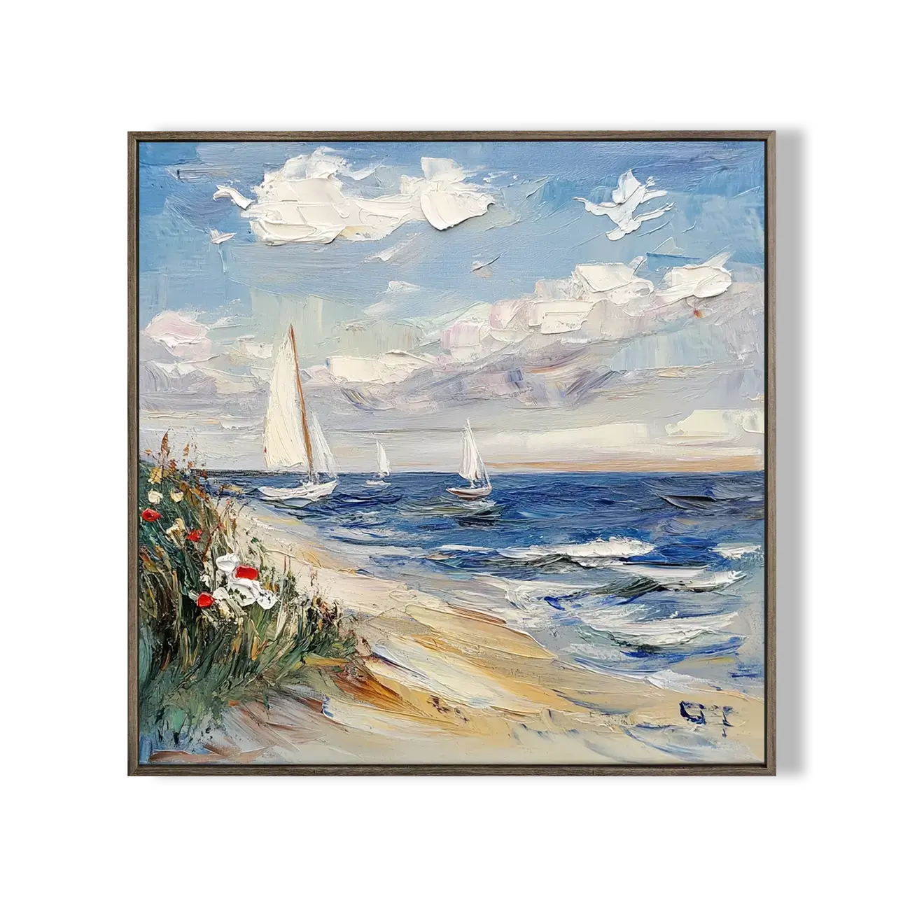 Framed painting of a beach scene with sailboats and flowers.