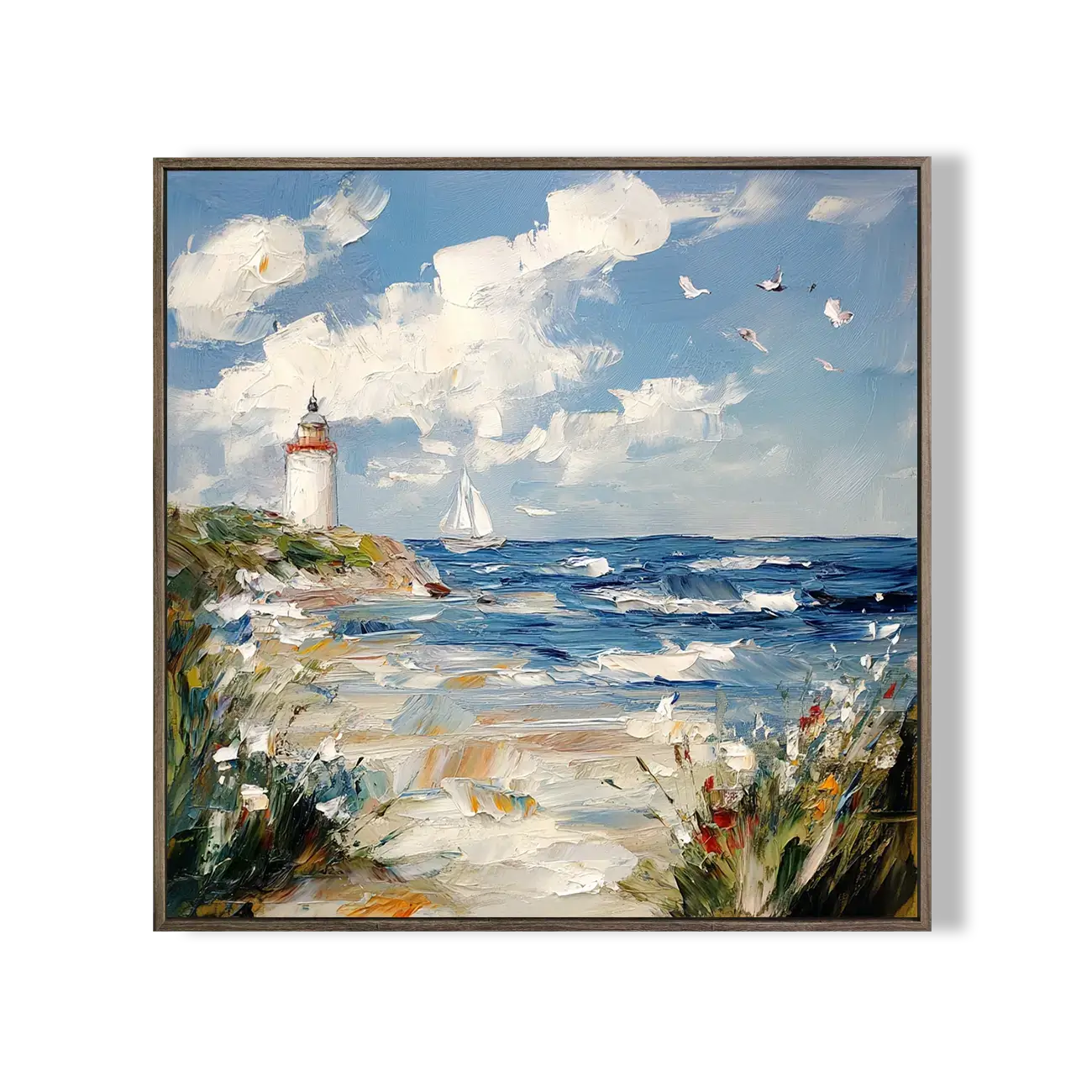 Framed painting of a lighthouse by the sea with sailboats and birds.