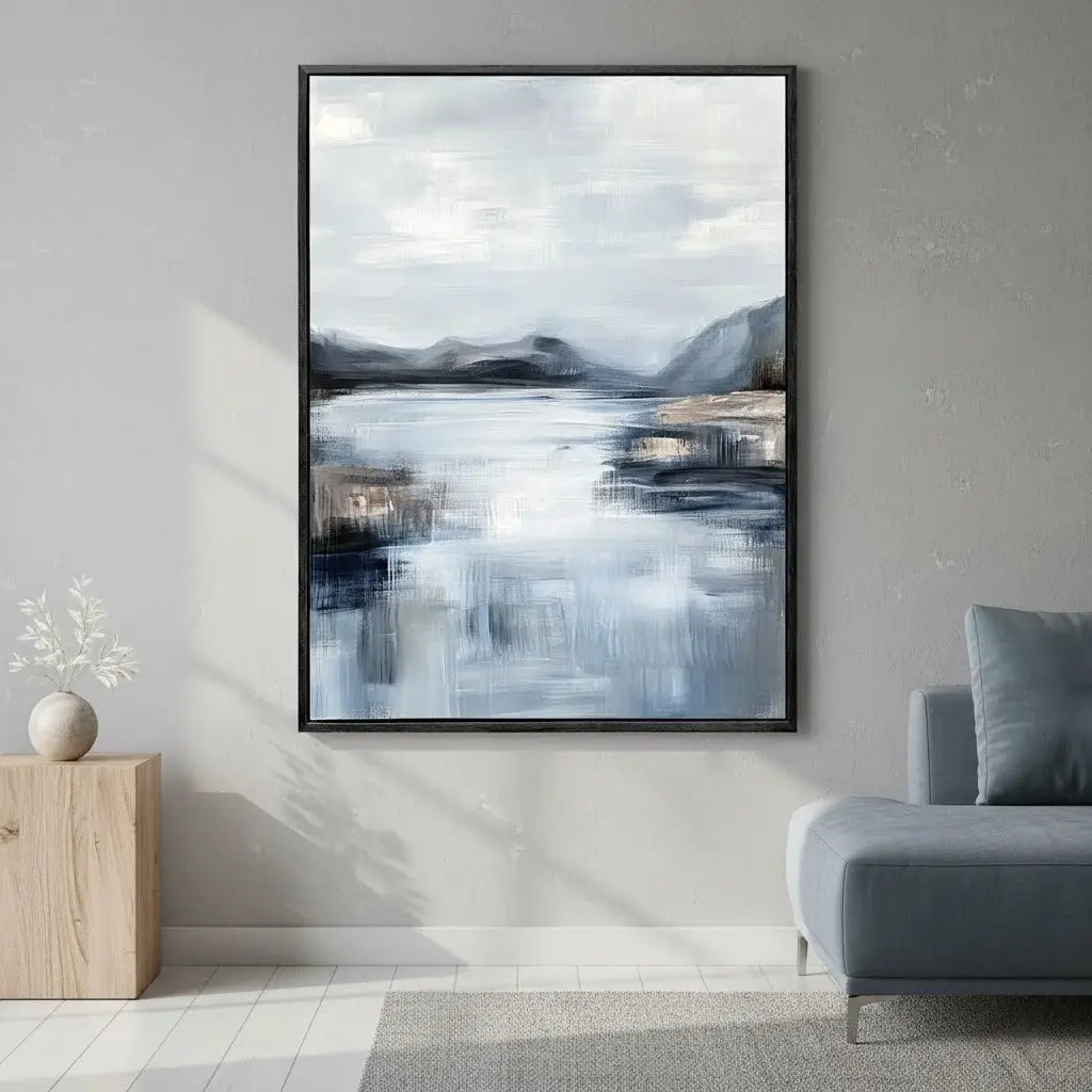 Framed abstract landscape painting on a wall in a modern living room.